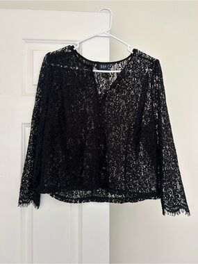 GAP Black Lace Long-Sleeve Button-Up Blouse size L